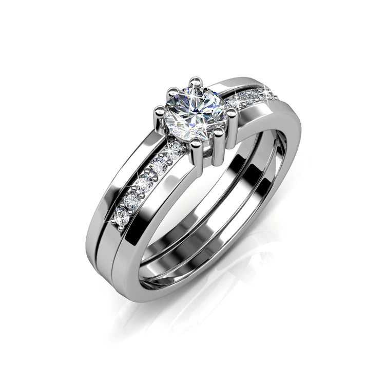 Bride Matching Wedding Set 18K Silver Plated Split Shank Six Prong Solitaire Ring Set/ DR0176