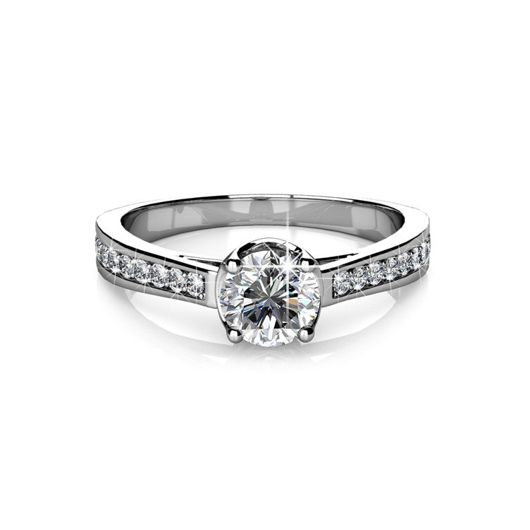 Engagement Ring Nickel Free Silver Plated 4 Prong Side Swarovski Crystal Band Ring / DR0185