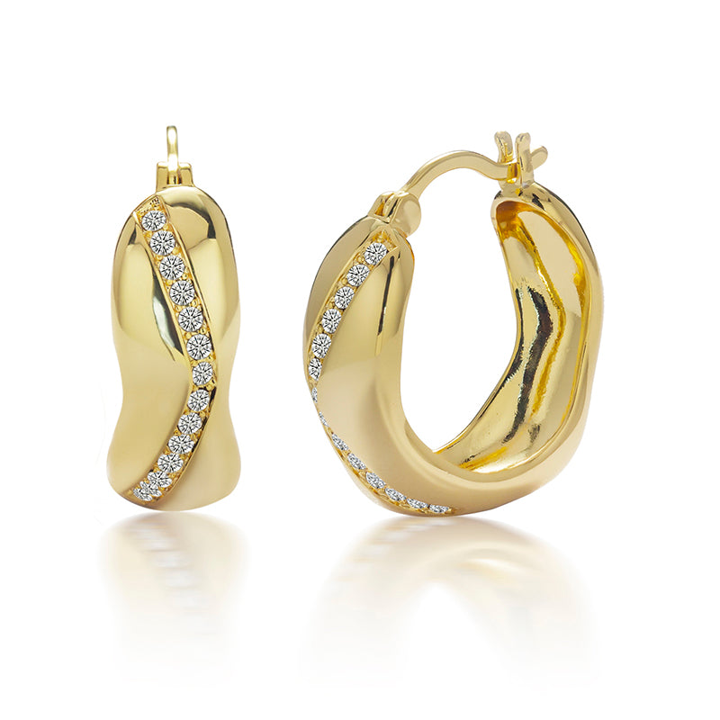 Textured Wave Hoop Earrings 18K White Gold Plated Geometric Swarovski Crystal Statement Jewelry/ DE0852