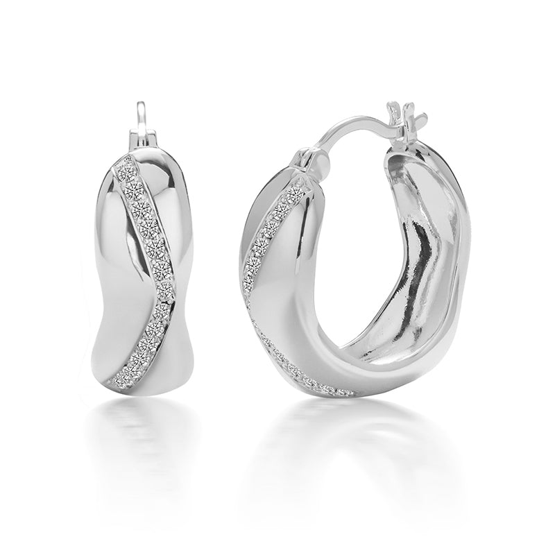 Textured Wave Hoop Earrings 18K White Gold Plated Geometric Swarovski Crystal Statement Jewelry/ DE0852