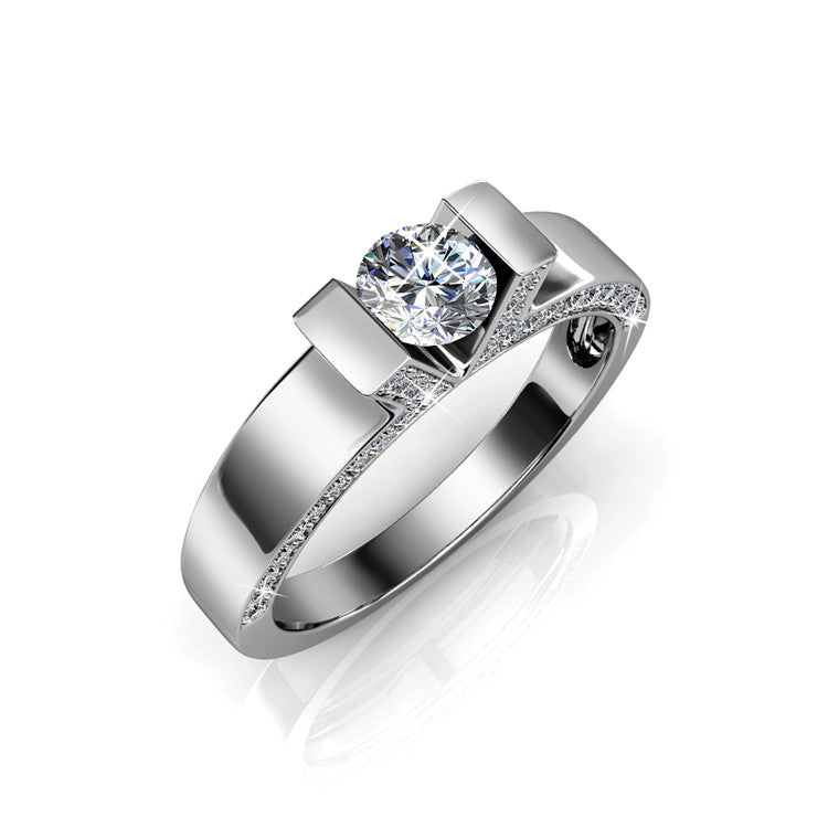 18K Gold Plated V Frame Two Bar Pave Crystal Minimal Bride Proposal Ring/ DR0174