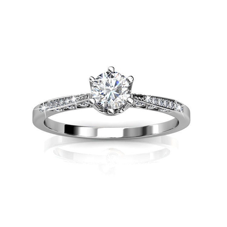 Solitaire Engagement Ring Nickel Free Silver Plated 6 Prong Thin Engraved Side Stone Band/ DR0177