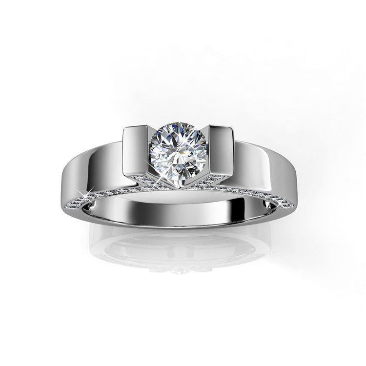 18K Gold Plated V Frame Two Bar Pave Crystal Minimal Bride Proposal Ring/ DR0174