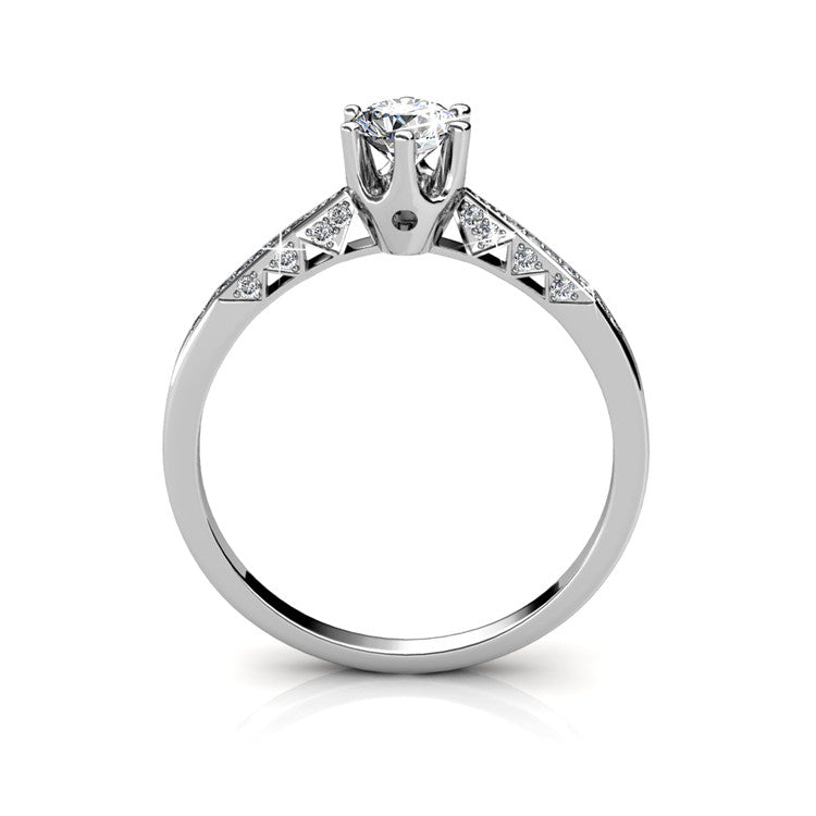 Solitaire Engagement Ring Nickel Free Silver Plated 6 Prong Thin Engraved Side Stone Band/ DR0177