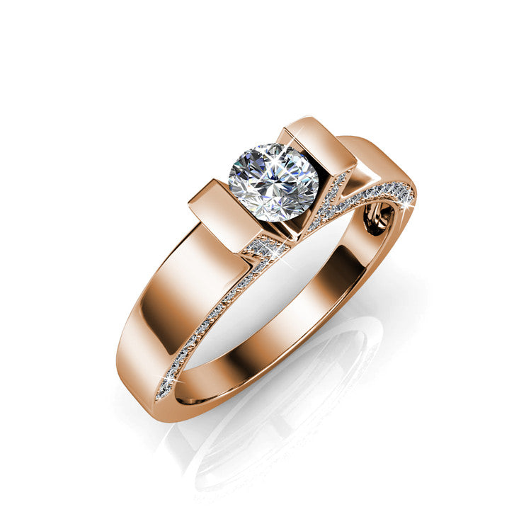 18K Gold Plated V Frame Two Bar Pave Crystal Minimal Bride Proposal Ring/ DR0174