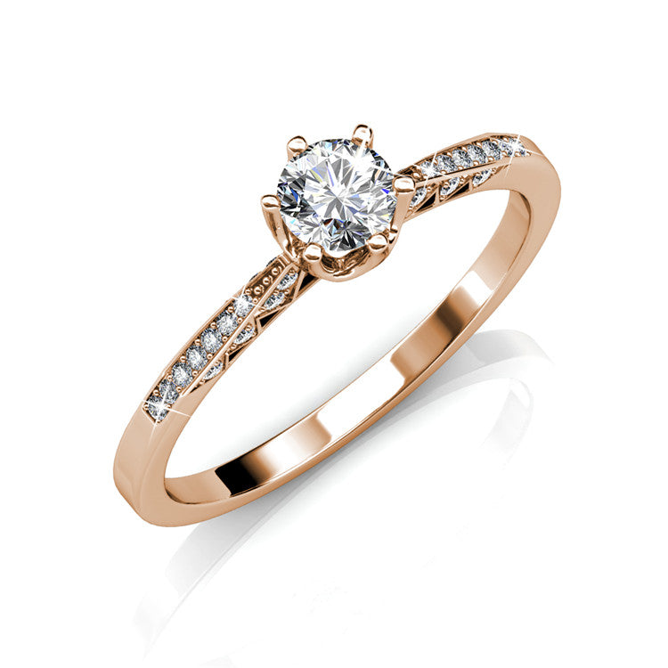 Solitaire Engagement Ring Nickel Free Silver Plated 6 Prong Thin Engraved Side Stone Band/ DR0177