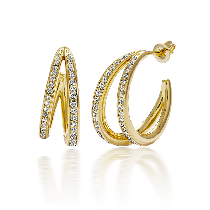 Split Pave C-Hoop Earrings 18K White Gold Plated Copper Forked Swarovski Crystal Hoops/ DE0829