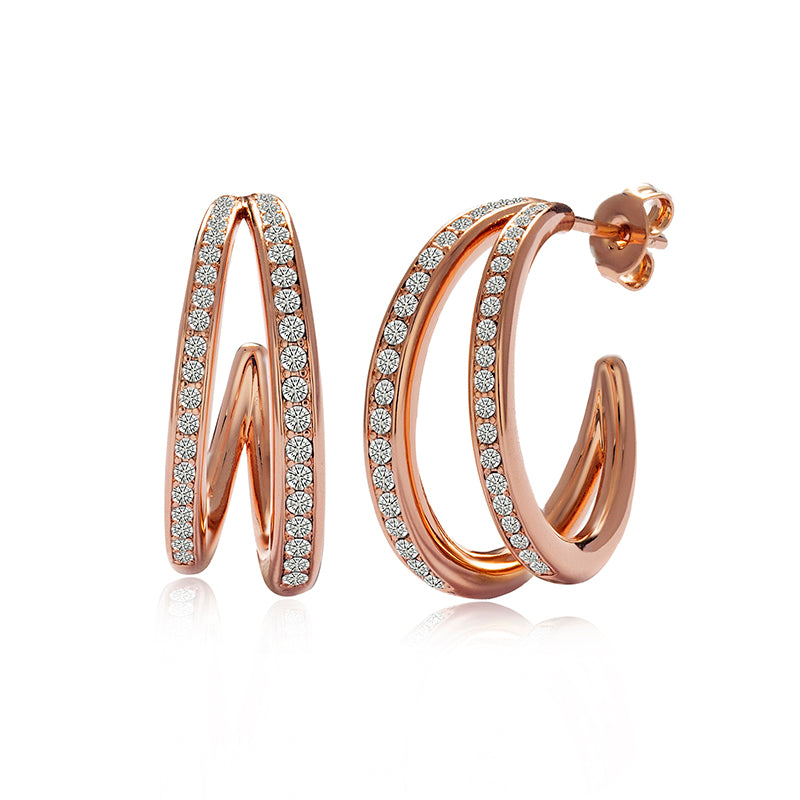 Split Pave C-Hoop Earrings 18K White Gold Plated Copper Forked Swarovski Crystal Hoops/ DE0829