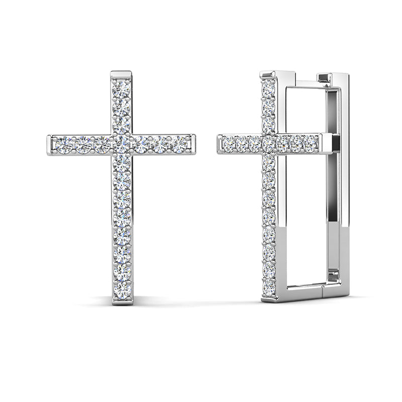 Cross Hoop Earrings 18K White Gold Plated Copper Swarovski Crystal Pave Christian Jewelry/ DE0857