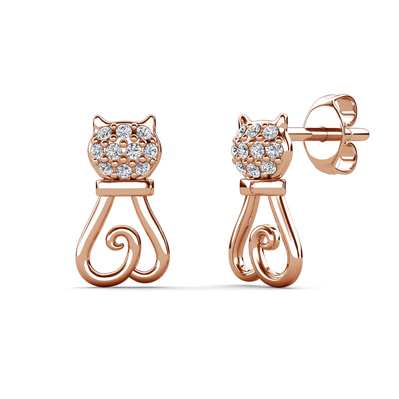 Cat Lover Earrings Gold Plated Curly Hollow Swirl Tail Full Pavé Head Ladies Sweet Classic Studs/ DE0986
