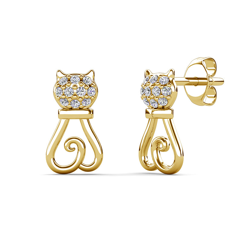 Cat Lover Earrings Gold Plated Curly Hollow Swirl Tail Full Pavé Head Ladies Sweet Classic Studs/ DE0986