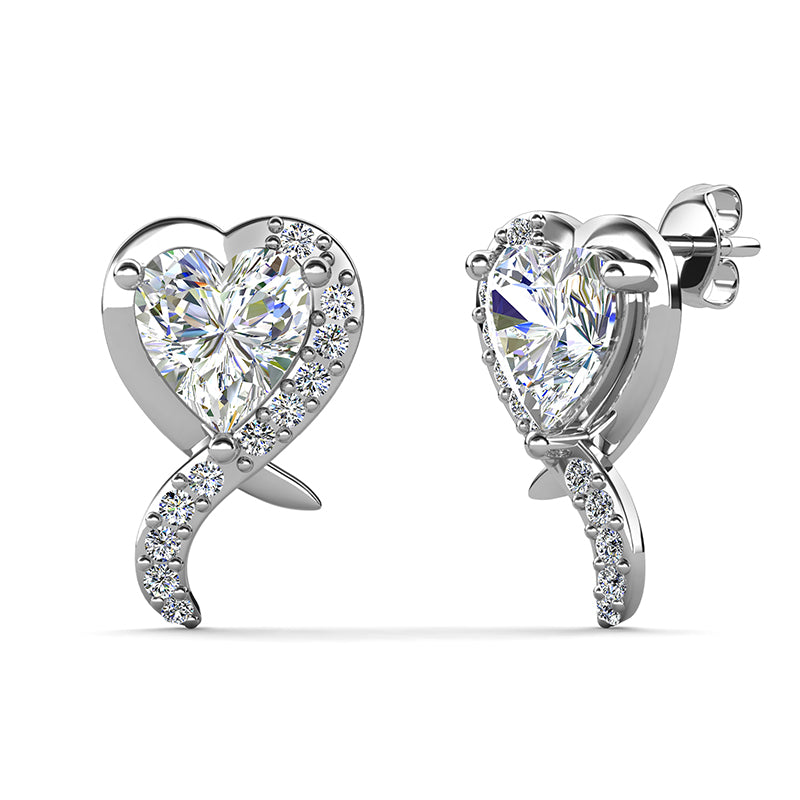 Romantic Sparkling Heart Drop Earrings with Swarovski Crystal Elongating Ribbon Stub with Solitaire/ DE0990