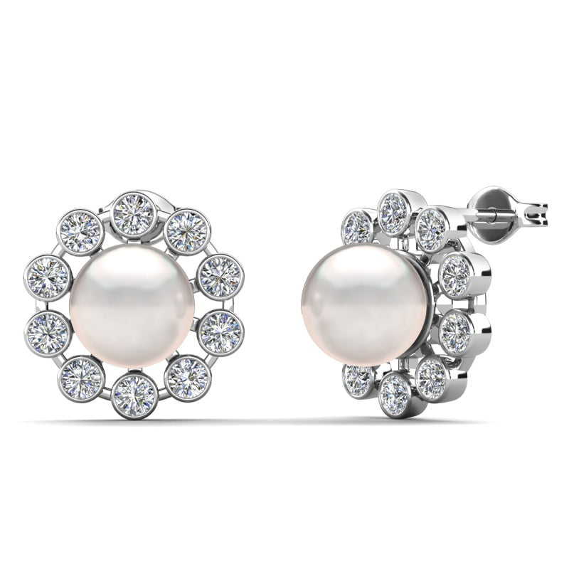 Nine Stone Circle Halo Pearl Stud Earrings Nickel Free Copper Polished Lightweight Timeless Everyday Earrings/ DE1006