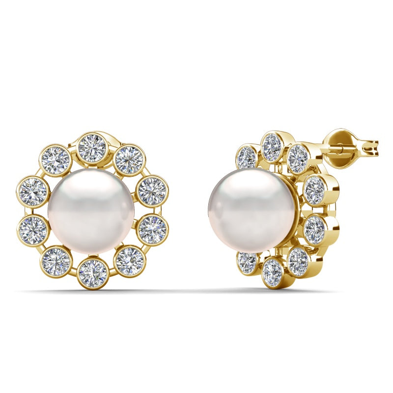 Nine Stone Circle Halo Pearl Stud Earrings Nickel Free Copper Polished Lightweight Timeless Everyday Earrings/ DE1006