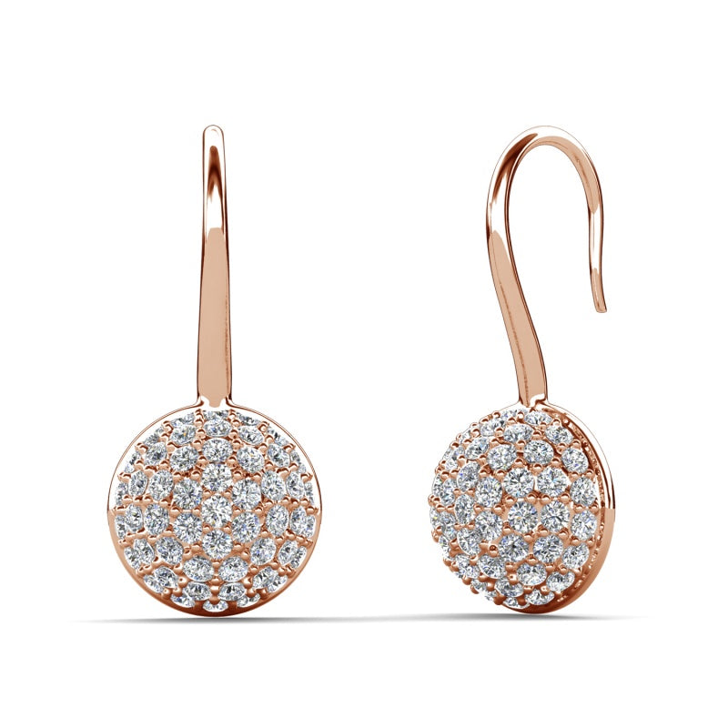 Solid Full Pave Round Disc Hook Dangle Earrings Nickel Free Copper Polished Lightweight Shiny Everyday Earrings/ DE1007