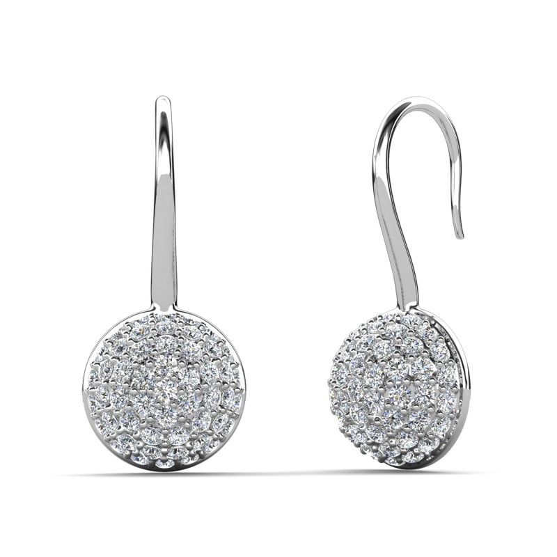 Solid Full Pave Round Disc Hook Dangle Earrings Nickel Free Copper Polished Lightweight Shiny Everyday Earrings/ DE1007
