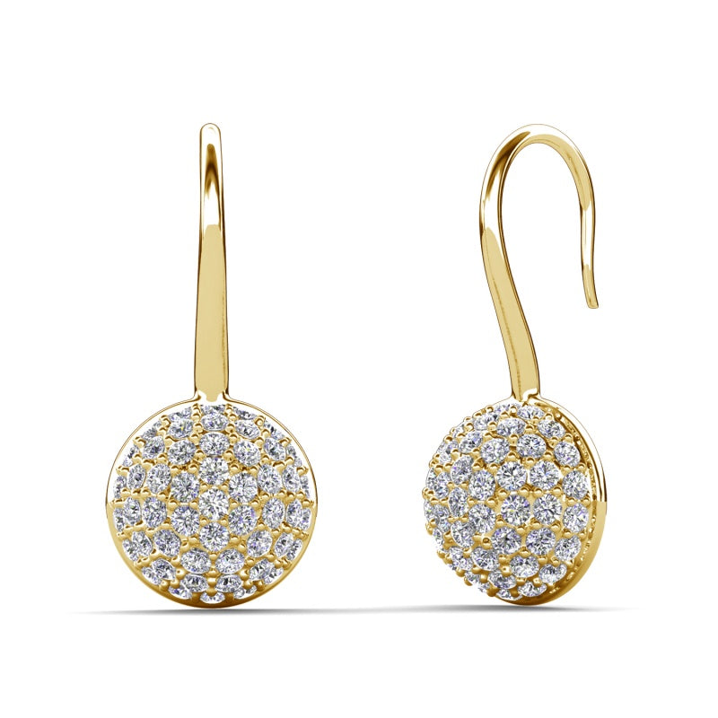 Solid Full Pave Round Disc Hook Dangle Earrings Nickel Free Copper Polished Lightweight Shiny Everyday Earrings/ DE1007