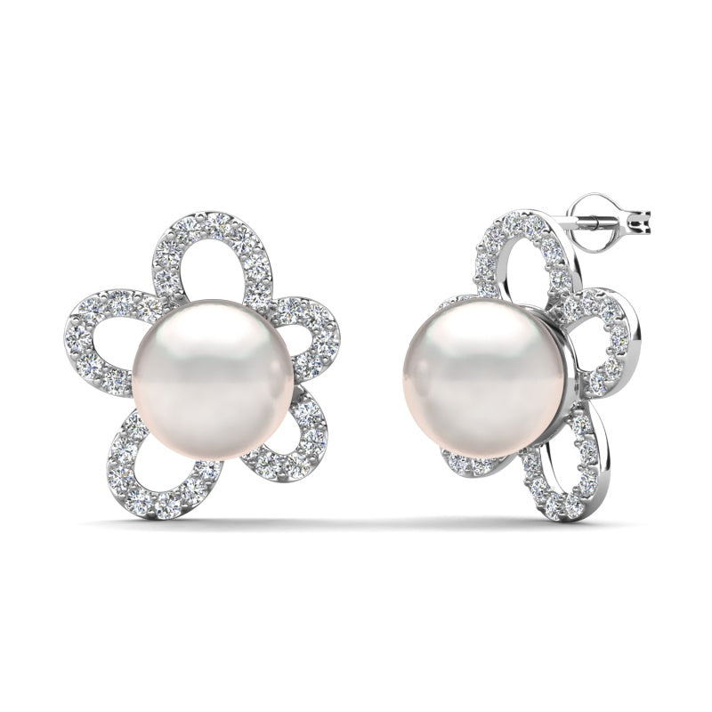 5 Petal Flower Pave Pearl Stud Earrings Dainty Blossom Wedding Daily Earrings/ DE1008