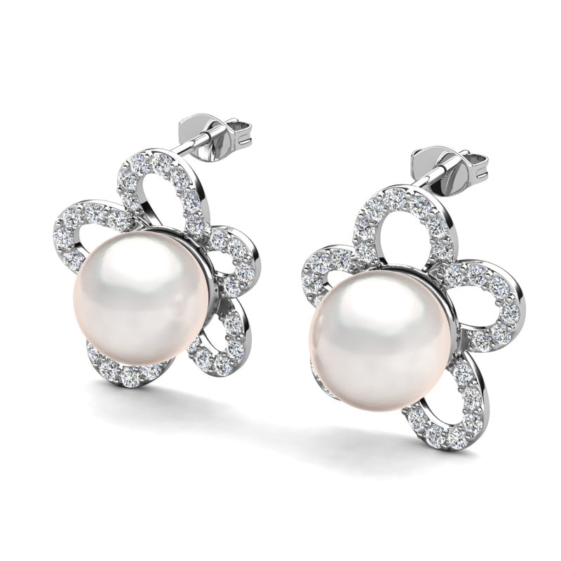 Pave Crystal Halo Flower White Pearl Stud Earrings Dainty Bridal Jewelry / DE1008