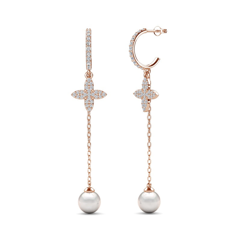 Sparkling Star & Pearl Drop Earrings,18K Gold Plated Long Dangle Jewelry / DE1011