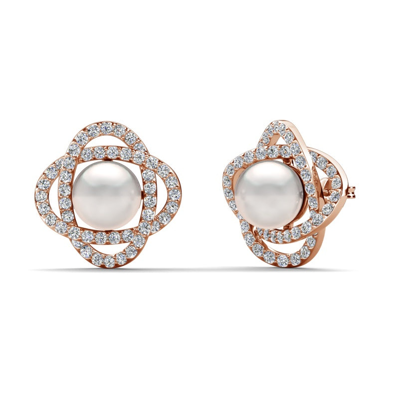 Four Leaf Clover Pave Outline Pearl Stud Earrings Gold Plated Dainty Lucky Floral Ear Studs/ DE1013