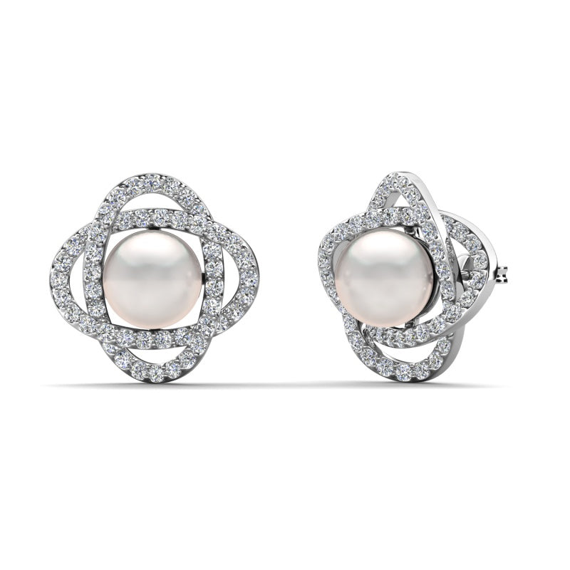 Four Leaf Clover Pave Outline Pearl Stud Earrings Gold Plated Dainty Lucky Floral Ear Studs/ DE1013