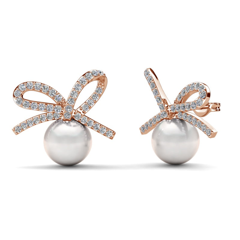 Sweet Crystal Bow & Pearl Drop Earrings With Brilliant Swarovski Crystals / DE1015