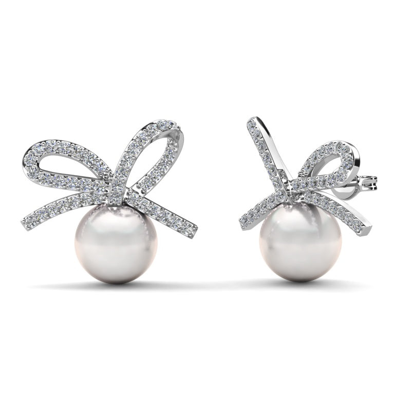 Sweet Crystal Bow & Pearl Drop Earrings With Brilliant Swarovski Crystals / DE1015