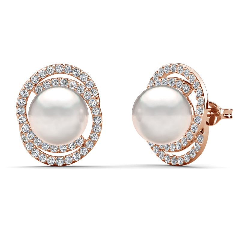 Classic Double Halo Pearl Stud Earrings Elegant Oval Pavé Studs for Women/ DE1016