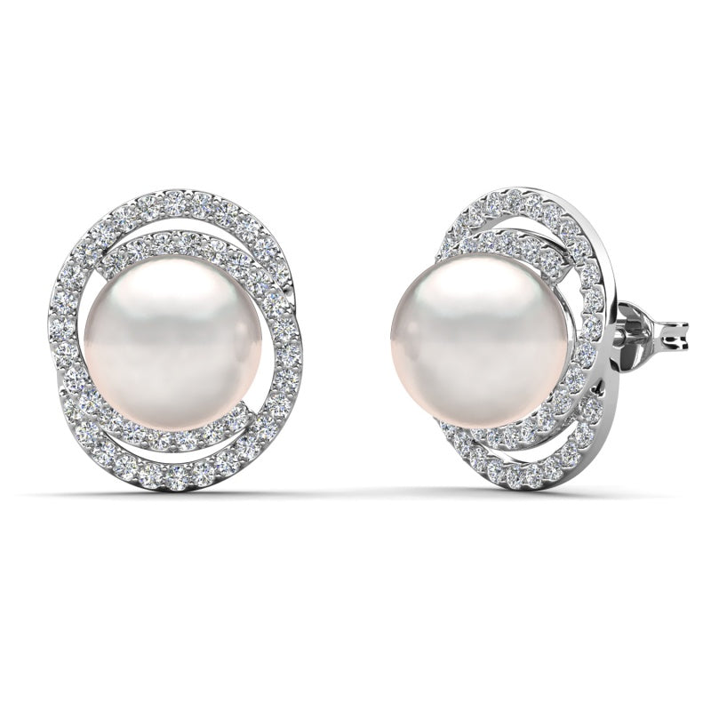 Classic Double Halo Pearl Stud Earrings Elegant Oval Pavé Studs for Women/ DE1016