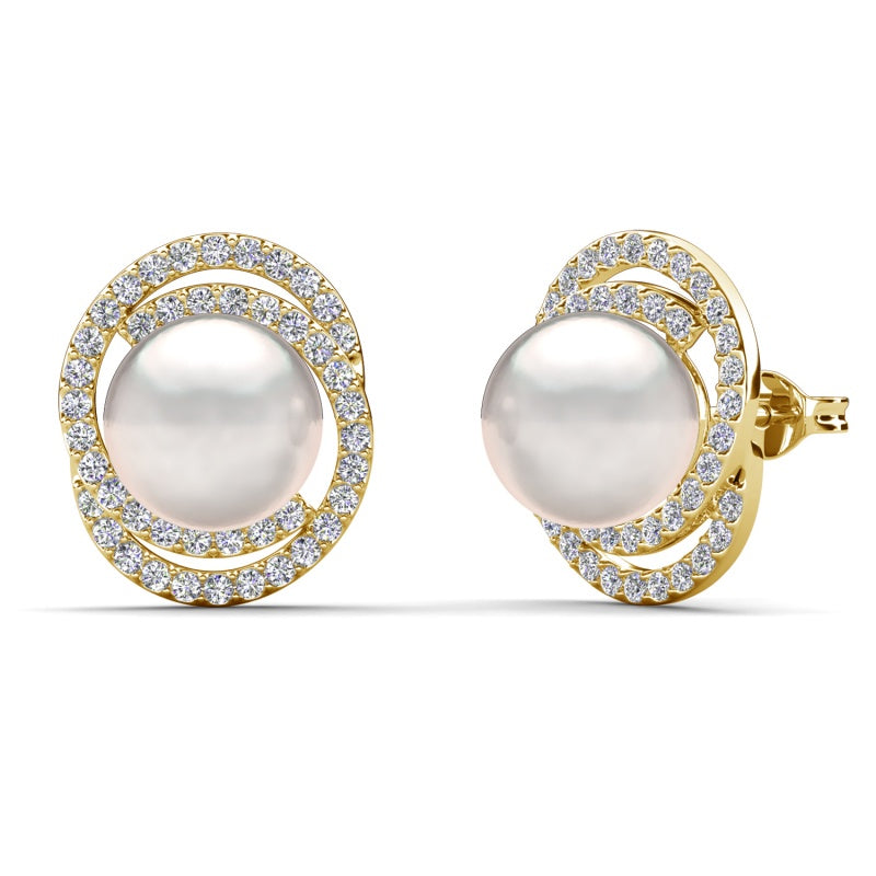 Classic Double Halo Pearl Stud Earrings Elegant Oval Pavé Studs for Women/ DE1016
