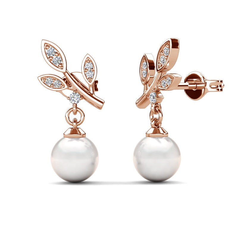 Blooming Crystal Leaf Pearl Drop Stud Earrings Nature inspired jewelry/ DE1021