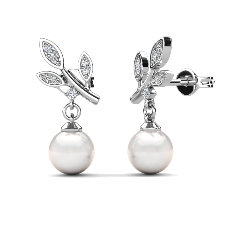 Blooming Crystal Leaf Pearl Drop Stud Earrings Nature inspired jewelry/ DE1021