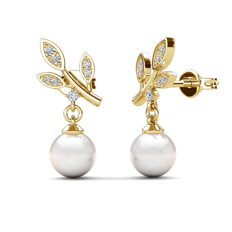 Blooming Crystal Leaf Pearl Drop Stud Earrings Nature inspired jewelry/ DE1021