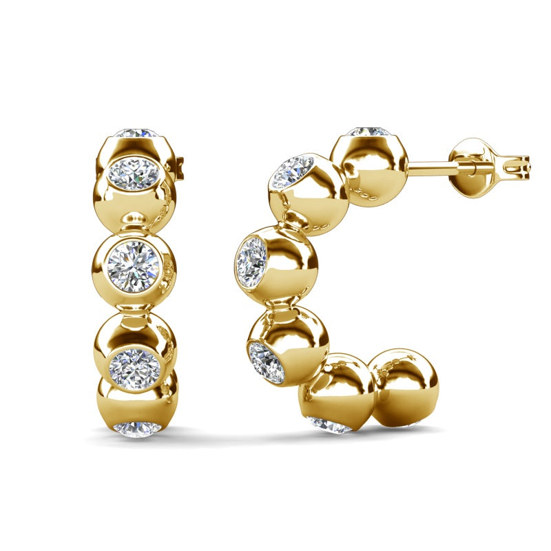 Minimalist Beaded Crystal C-Hoop Earrings ，Unique Sphere & Bezel Design ，Versatile Elegant Studs/ DE1029