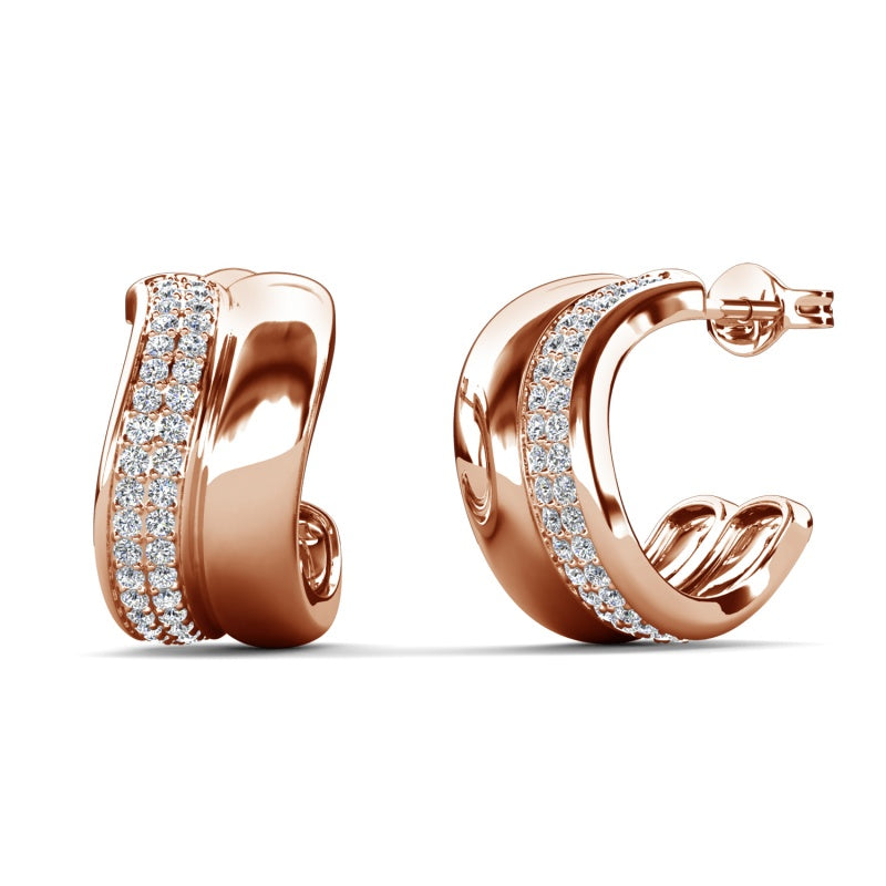 Chunky Wide C-Hoop Earrings with Double Row Swarovski Crystals/ DE1031