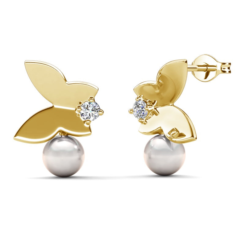 Spring & Summer Fairy Pearl Stud Earrings ， 18K White Gold Plated Hypoallergenic Sweet & Lightweight Daily Jewelry/ DE1032