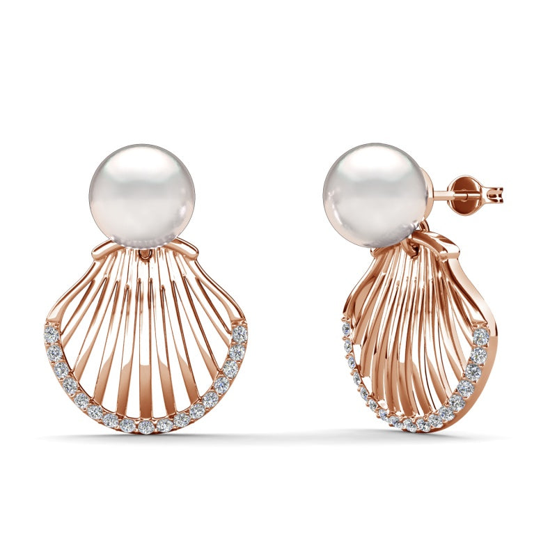 Summer Beach Pearl Scallop Earrings ，18K White Gold Plated Vacation & Resort Fashion Jewelry / DE1037