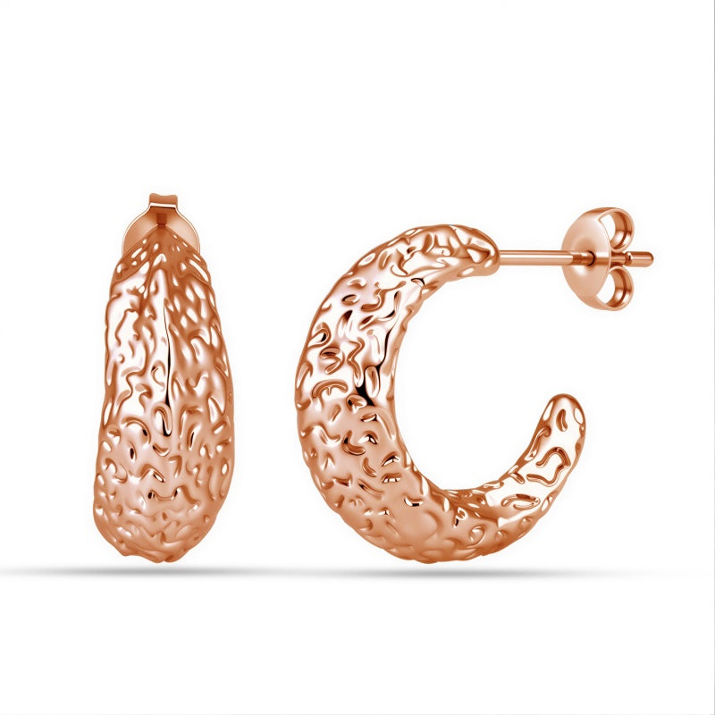 Chunky Hammered C-Hoop Earrings ，18K White Gold Plated Textured Hoops， Hypoallergenic Nickel-Free Minimalist Statement Earrings/ DE1038