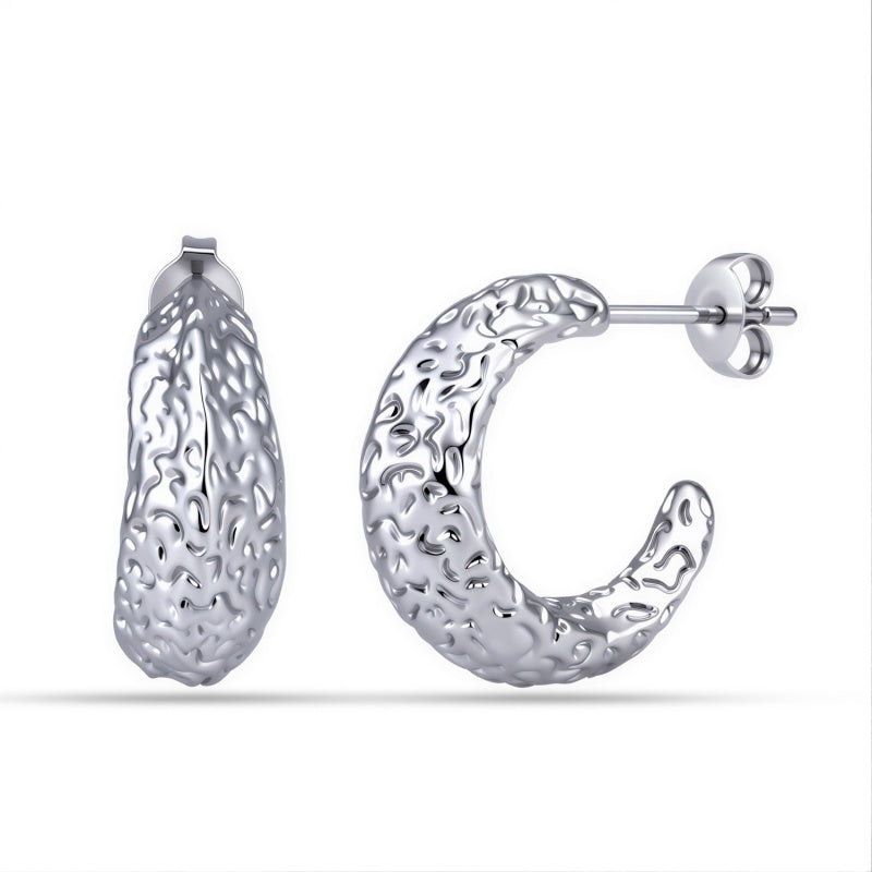 Chunky Hammered C-Hoop Earrings ，18K White Gold Plated Textured Hoops， Hypoallergenic Nickel-Free Minimalist Statement Earrings/ DE1038