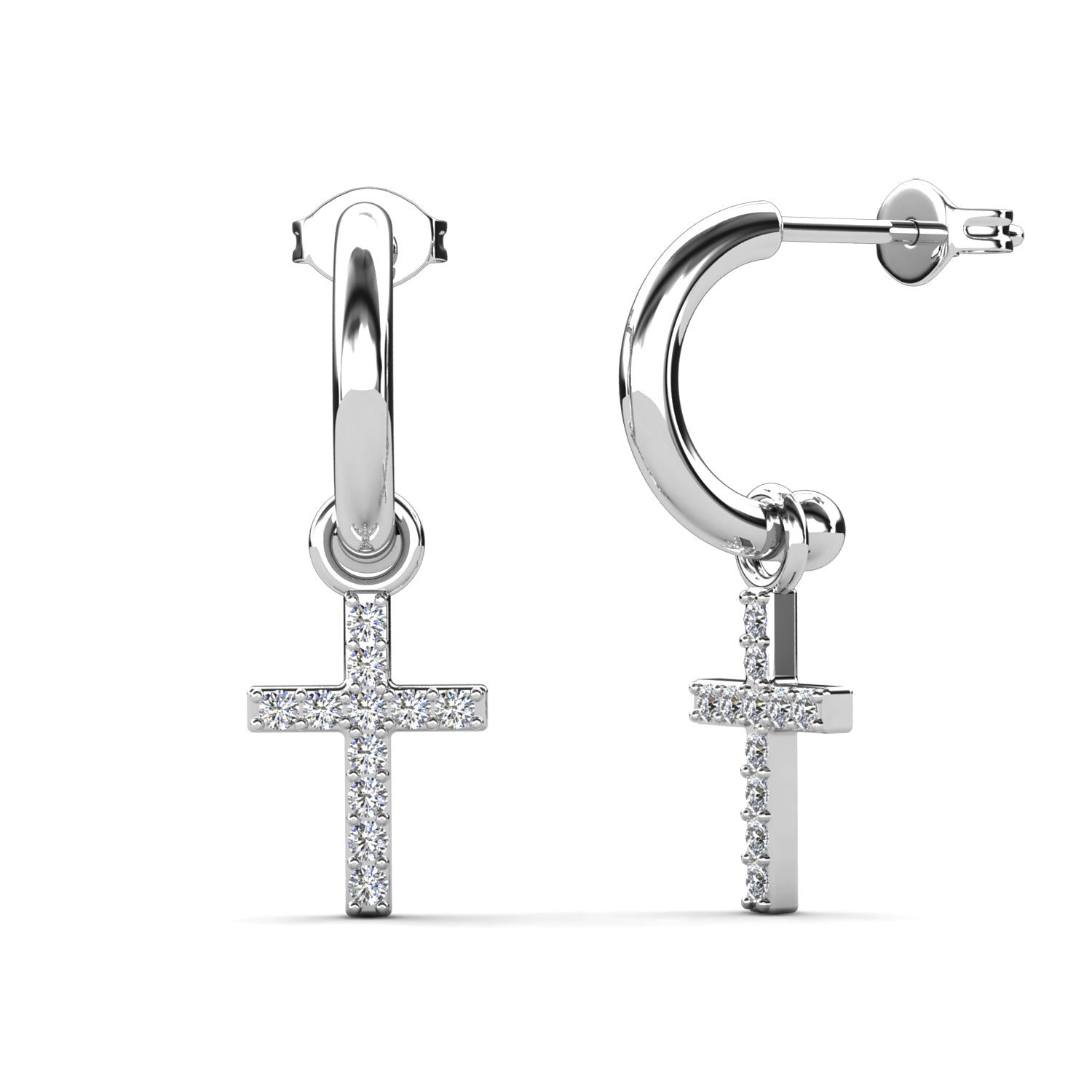18K White Gold Plated Crystal Cross Dangle Hoop Earrings / DE1044