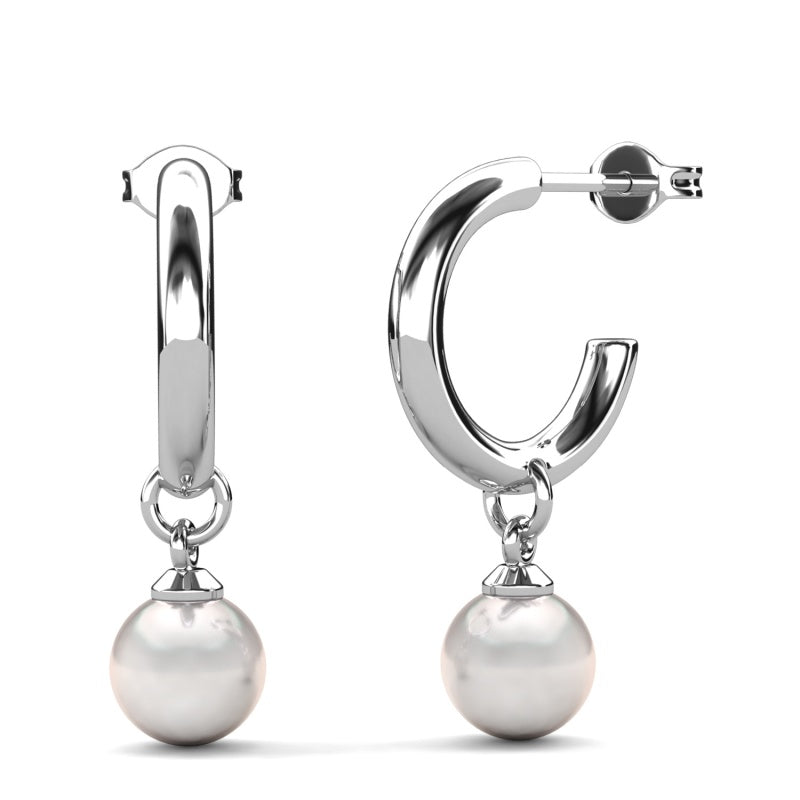 Women's Modern C-Hoop Earrings with Hanging Pearl | 18K Gold Plated Copper, Tarnish-Resistant Gift/ DE1045