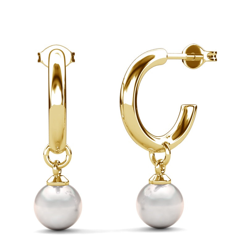 Women's Modern C-Hoop Earrings with Hanging Pearl , 18K Gold Plated Copper, Tarnish-Resistant Gift/ DE1045
