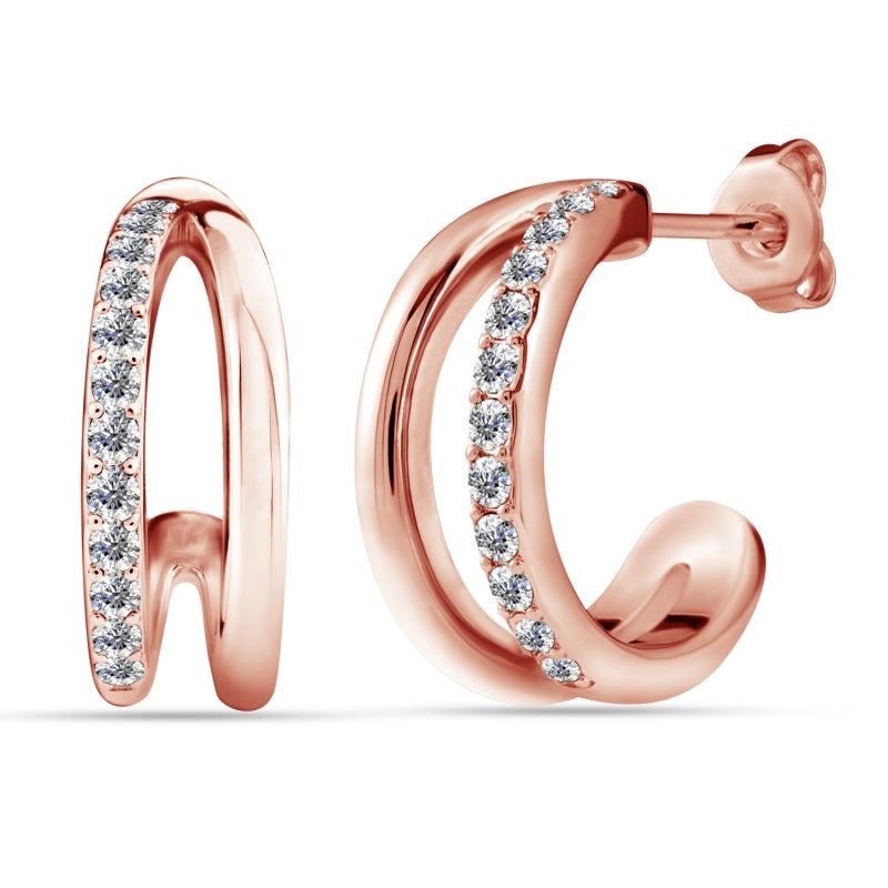 Double Band C-Hoop Earrings with Swarovski Crystal Edge,18K White Gold Plated Copper Stunning Jewelry/ DE1052
