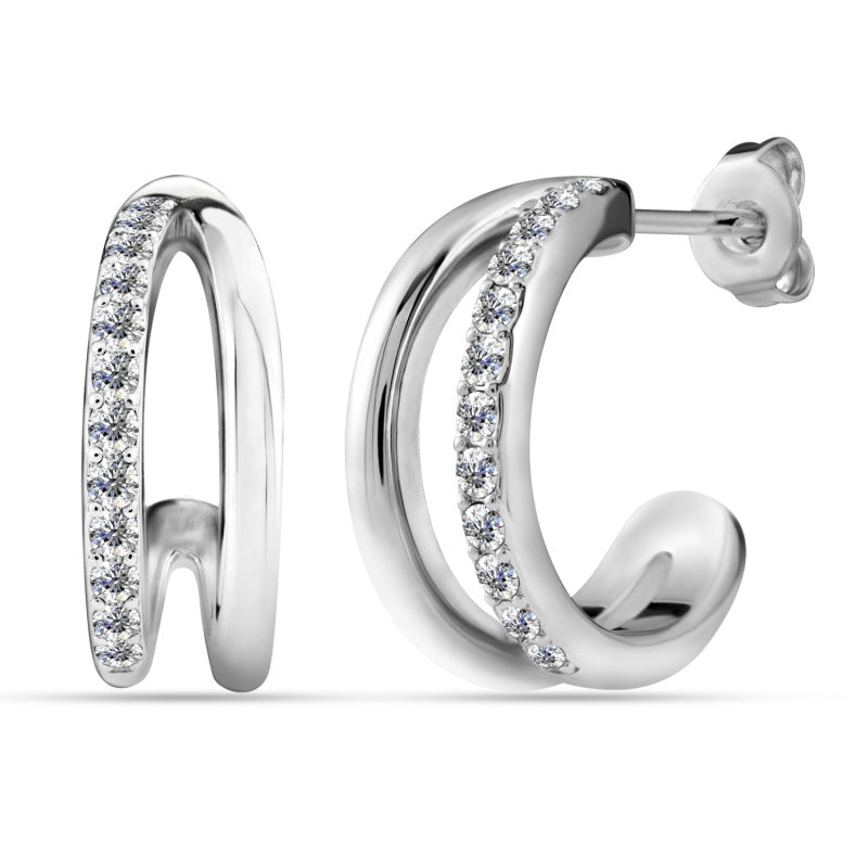 Double Band C-Hoop Earrings with Swarovski Crystal Edge,18K White Gold Plated Copper Stunning Jewelry/ DE1052
