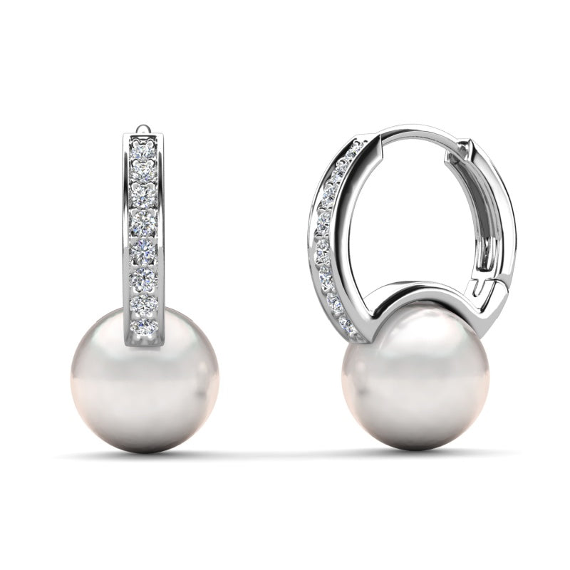 Elegant Pearl Drop Huggie Hoop Earrings with Swarovksi Crystals , 18K White Gold Plated Copper / DE1055