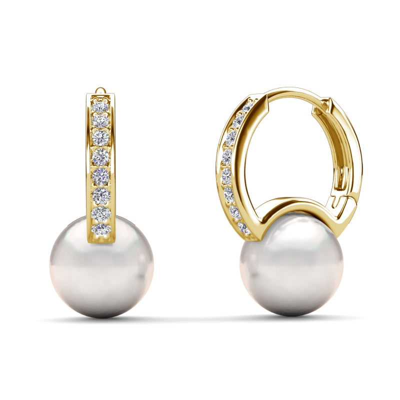 Elegant Pearl Drop Huggie Hoop Earrings with Swarovksi Crystals , 18K White Gold Plated Copper / DE1055