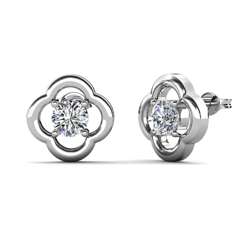 Classic Quatrefoil Clover Stud Earrings with Swarovski Crystal, 18K White Gold Plated Copper/ DE1064