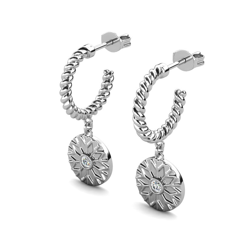 Twisted Rope Huggie Drop Earrings Embossed Snowflake Disc With Swarovski Crystal / DE1068