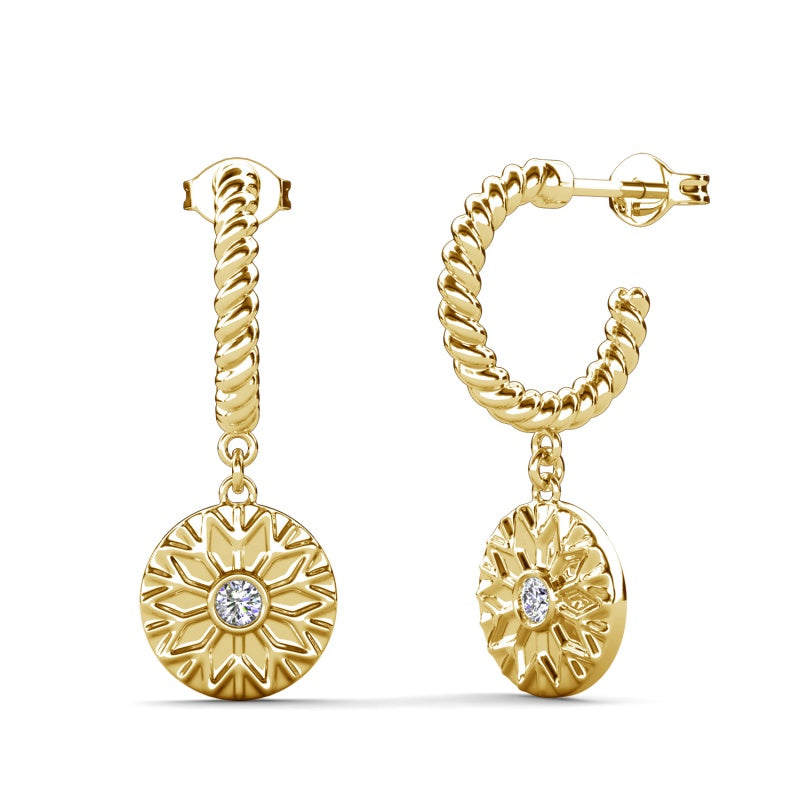 Twisted Rope Huggie Drop Earrings Embossed Snowflake Disc With Swarovski Crystal / DE1068